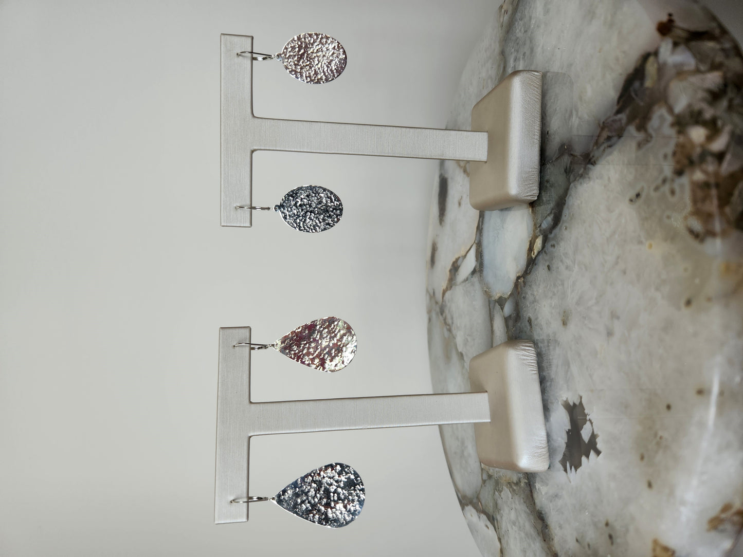 Sterling Silver Pear Shaped Dangle Earrings With Hammered Finish