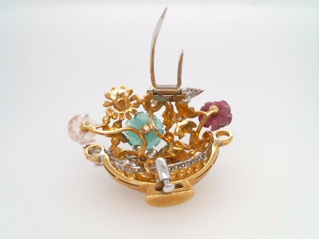 Vintage 18 Karat Yellow & White Gold Gemstone & Diamond Flower Basket Pin