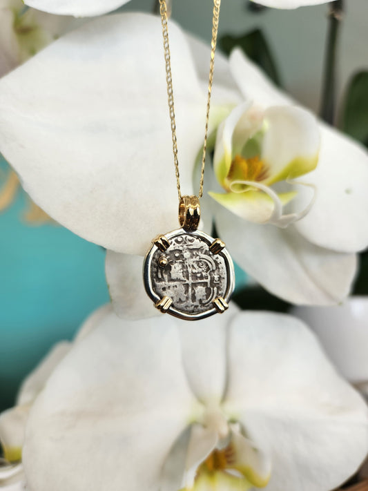 Spanish Shipreck 1 Reale in 14K Yellow Gold and Sterling Silver Pendan