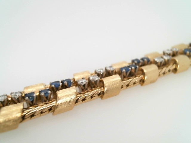 Vintage 18 Karat Yellow Gold French Woven Style Bracelet Bracelet With Blue Sapphires & Diamonds