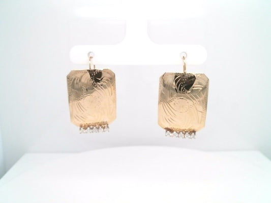 Vintage 14 Karat Yellow Gold Engraved Rectangular Dangle Earrings With Diamond Accents