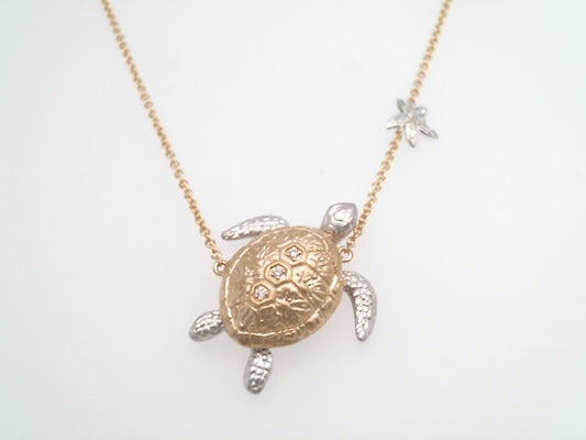 14 Karat Yellow And White Gold Matte Finish Fixed Diamond Turtle And Starfish Necklace 18" At Length With A Loop At 17" And 16"