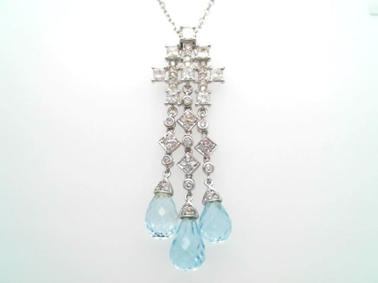 Vintage 14 Kart White Gold Blue Topaz Briolette & Diamond Necklace, 16"