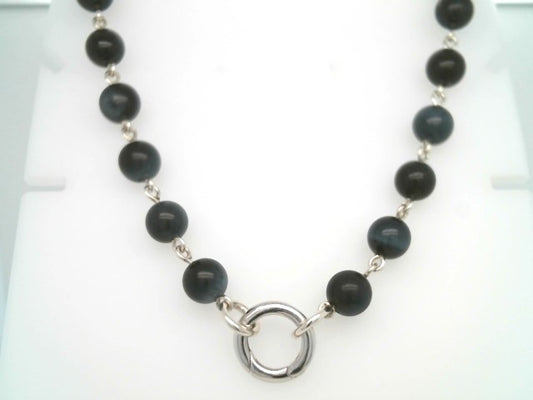 Sterling Silver 8.5 Mm Gray Blue Tiger's Eye Bead Link Chain Necklace With Opening Circle Bail Clasp, 19"