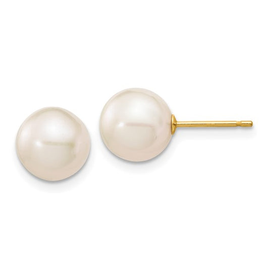 14 Karat Yellow Gold 8-9 Mm Cultured White Freshwater Pearl Stud Earrings