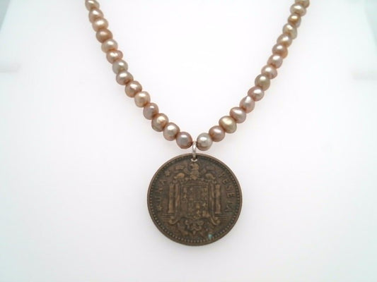 Handmade Sterling Silver Freshwater Pearl Necklace With Spanish Coin Dated 1963, 18"