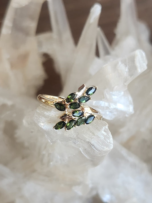 14 Karat Yellow Gold "Vinea" Floral Bypass Style Green Tourmaline Ring