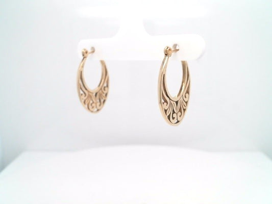 Vintage 14 Karat Yellow Gold Oval Shaped Hoop Earrings With Scrolling Filgree