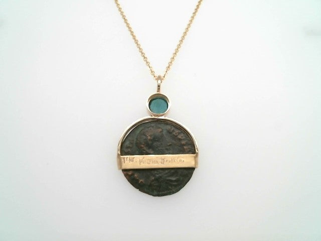 14 Karat Yellow Gold Ancient Roman Bronze Coin Pendant With Emerald