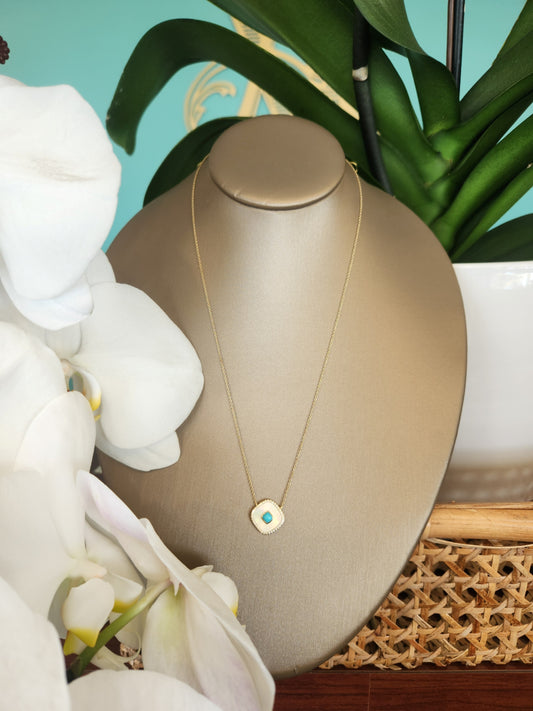 14 Karat Yellow Gold Cushion Shaped Mother Of Pearl, Turquoise & Diamond Necklace, 16-18"