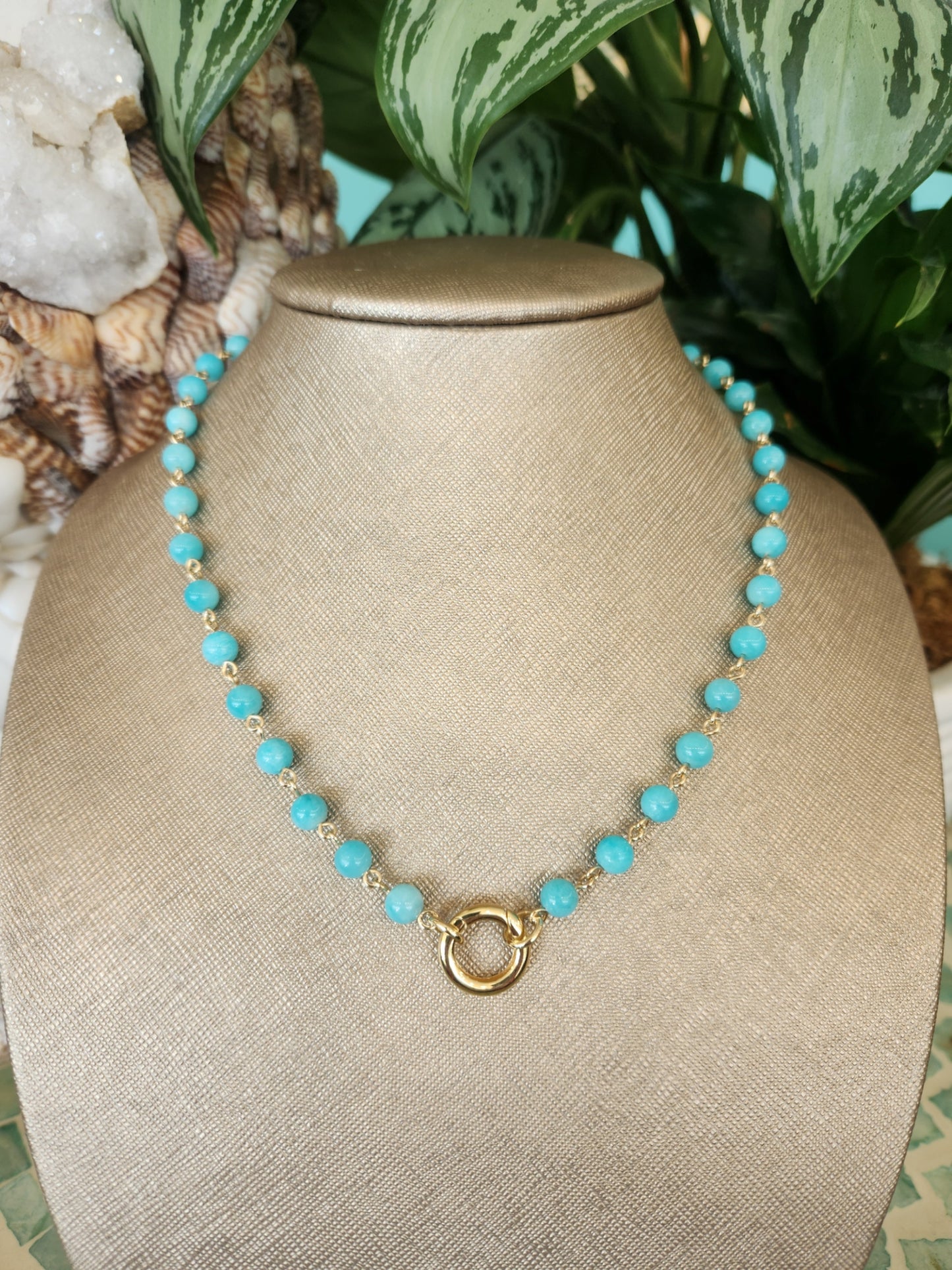 14 Karat Yellow Gold 6 Mm Amazonite Bead Link Chain Necklace With Opening Circle Bail Clasp, 18"