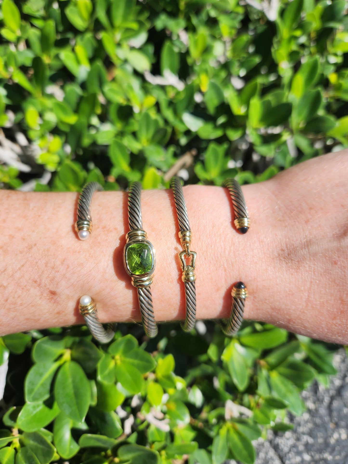Vintage Sterling Silver & 14 Karat Yellow Gold Peridot "Cable" Cuff Bracelet, Signed David Yurman
