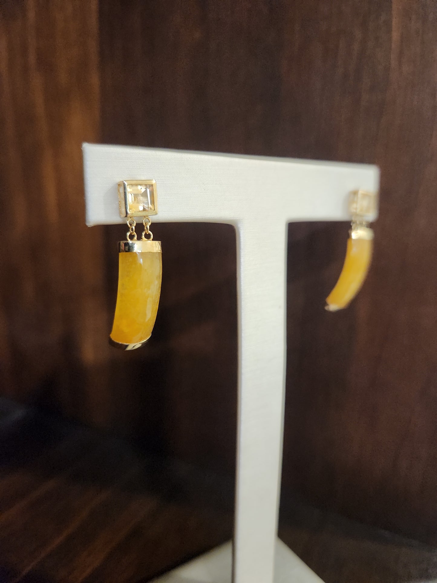 Vintage 14 Karat Yellow Gold Citrine & Yellow Jade Dangle Earrings