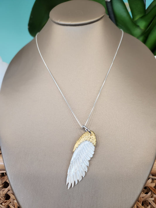 Sterling Silver and 22 Karat Vermeil Carved Mother of Pearl Angel Wing Pendant and Chain