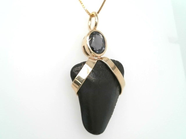 14 Karat Yellow Gold Small Florida Megalodon Shark's Tooth & Grey Spinel Amulet Pendant