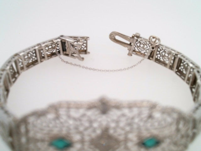 Antique Early Art Deco 10 Karat White Gold Filigree Diamond & Synthetic Emerald Bracelet 7"