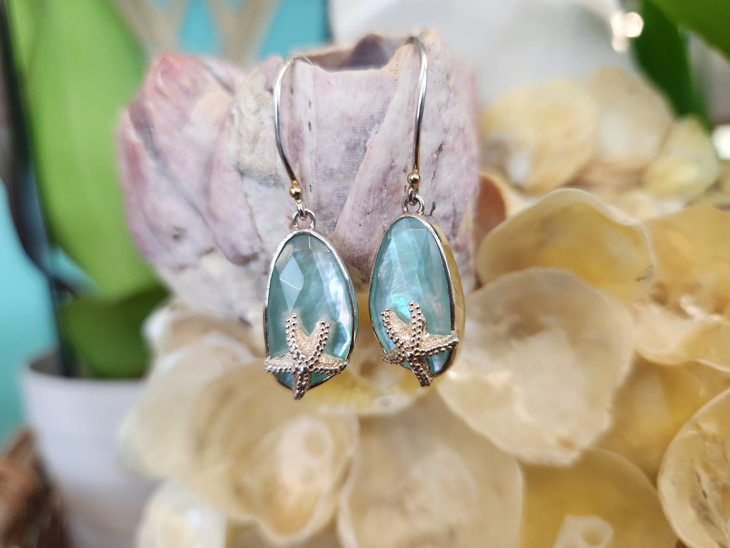 Sterling Silver & 22 Karat Yellow Gold Vermeil Starfish Earrings with Amazonite & Checkerboard Cut Clear Quartz