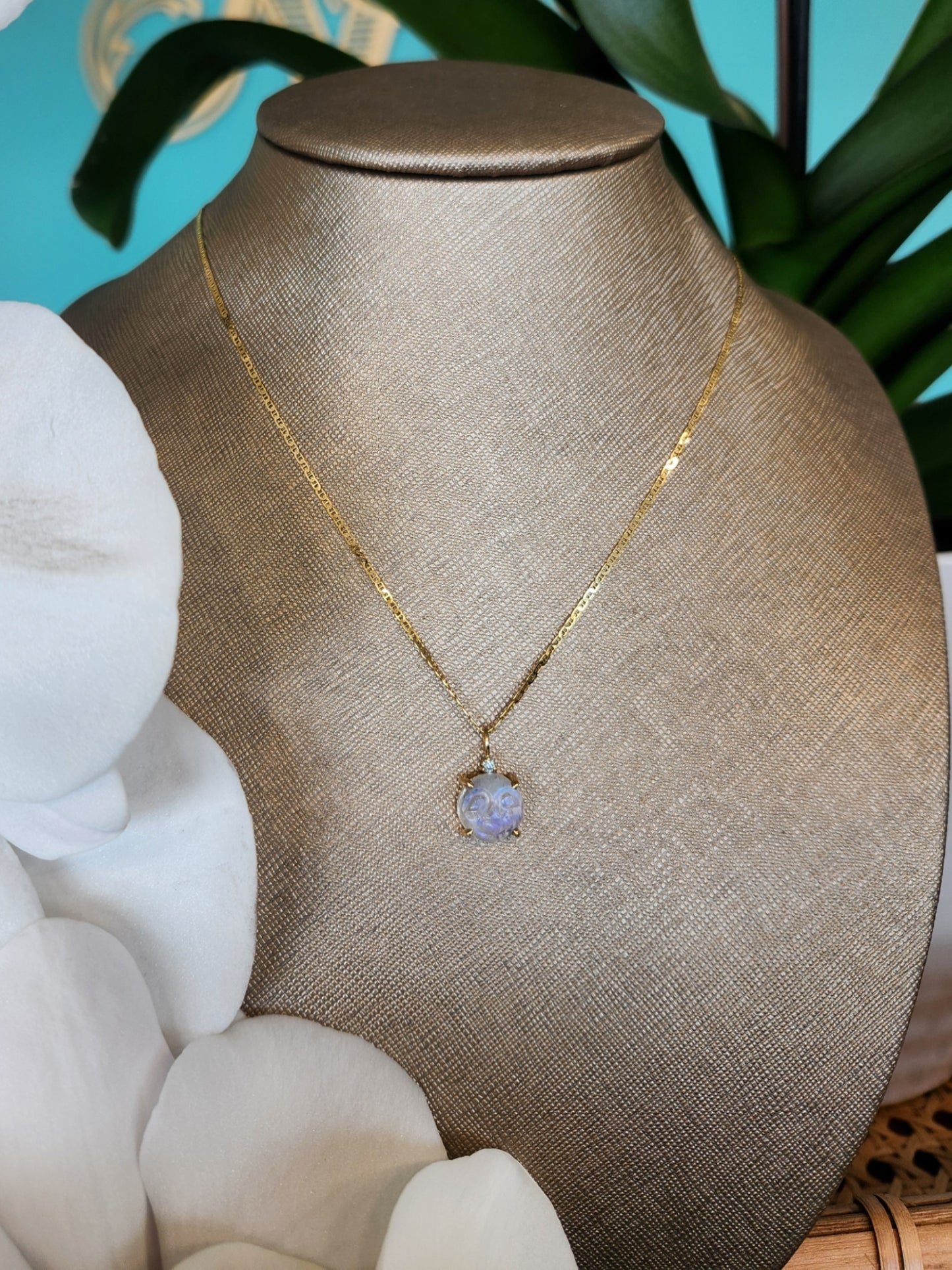 14 Karat Yellow Gold Carved "Man In The Moon" Moonstone Pendant With Diamond Accent