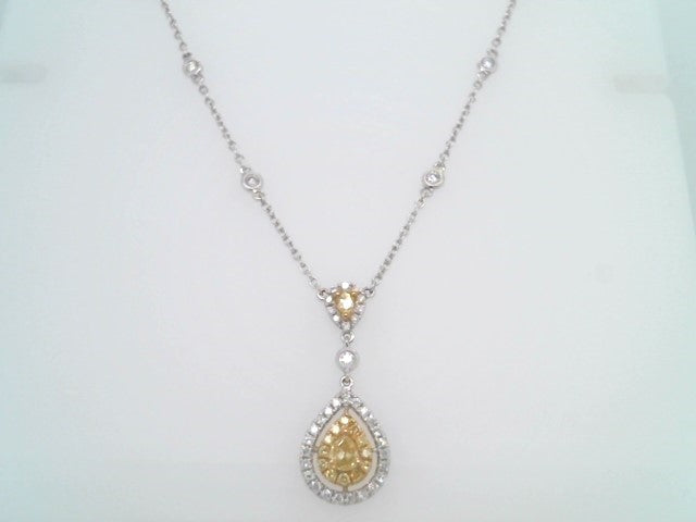 18 Karat White & Yellow Gold Natural Fancy Yellow And White Diamond Halo Style Necklace With Diamond "By The Yard" Style Chain, 15-18"