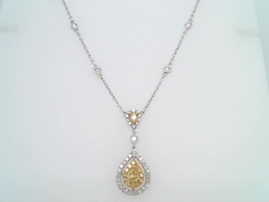 18 Karat White & Yellow Gold Natural Fancy Yellow And White Diamond Halo Style Necklace With Diamond "By The Yard" Style Chain, 15-18"