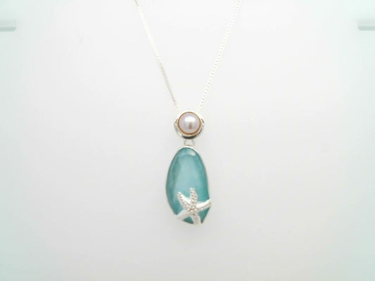 Sterling Silver & 22 Karat Yellow Gold Vermeil Starfish Pendant With Amazonite & Mother Of Pearl With Clear Quartz & White Freshwater Pearl With 18 " Chain Included