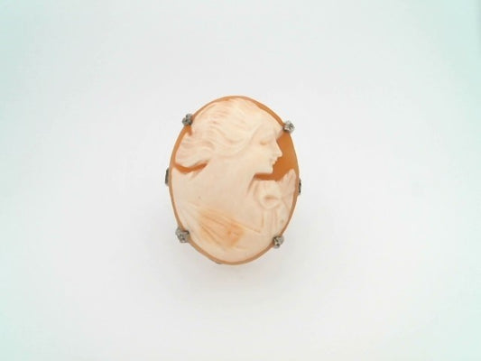 Vintage Sterling Silver Carved Seashell Cameo Ring With Milgrgrain & Engraved Flower Detail