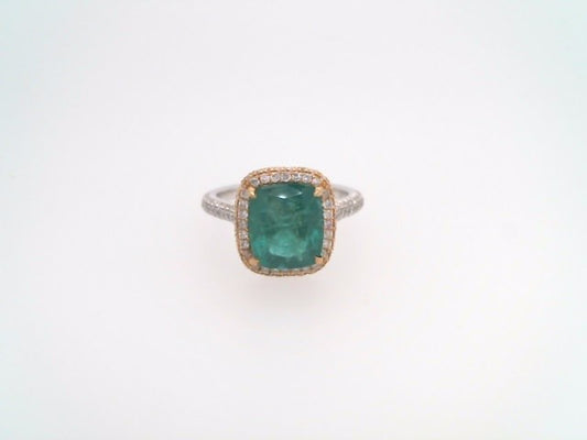 18 Karat White & Yellow Gold Cushion Shaped Emerald With Diamond Accent Halo Style Ring