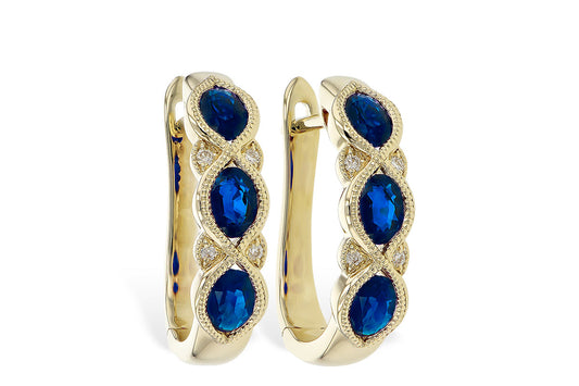 14 Karat Yellow Gold Diamond & Sapphire Hoop Style Earrings