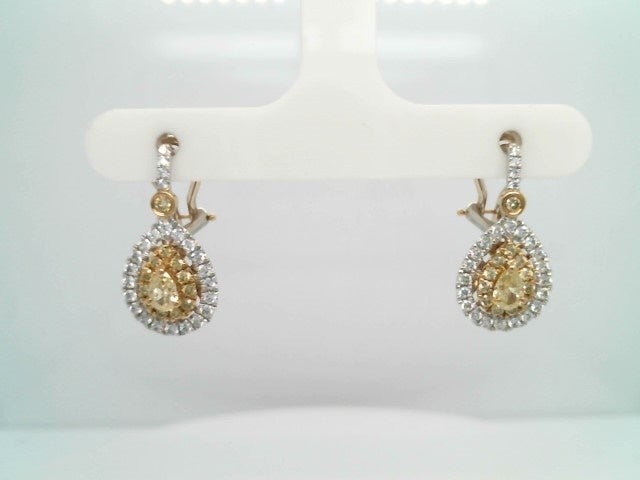 18 Karat White & Yellow Gold Fancy Natural Yellow & White Diamond Pear Shaped Cluster Earrings With Omega Backs