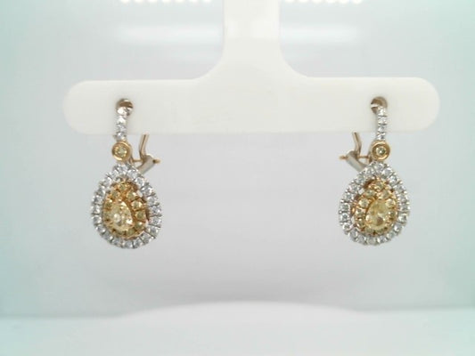 18 Karat White & Yellow Gold Fancy Natural Yellow & White Diamond Pear Shaped Cluster Earrings With Omega Backs