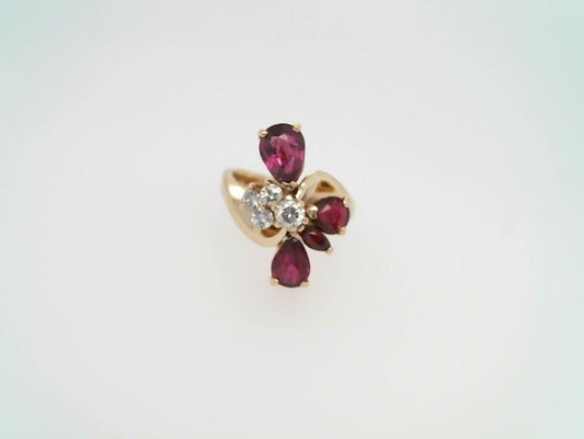 Vintage 14 Karat Yellow Gold Rhodolite Garnet & Diamond Freeform Cluster Ring