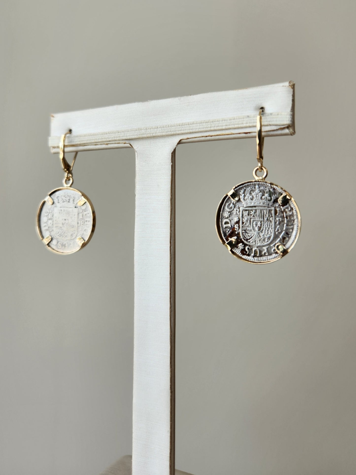 14 Karat Yellow Gold & Silver 1 Reale Spanish Coin Bezel Earrings With Leverbacks