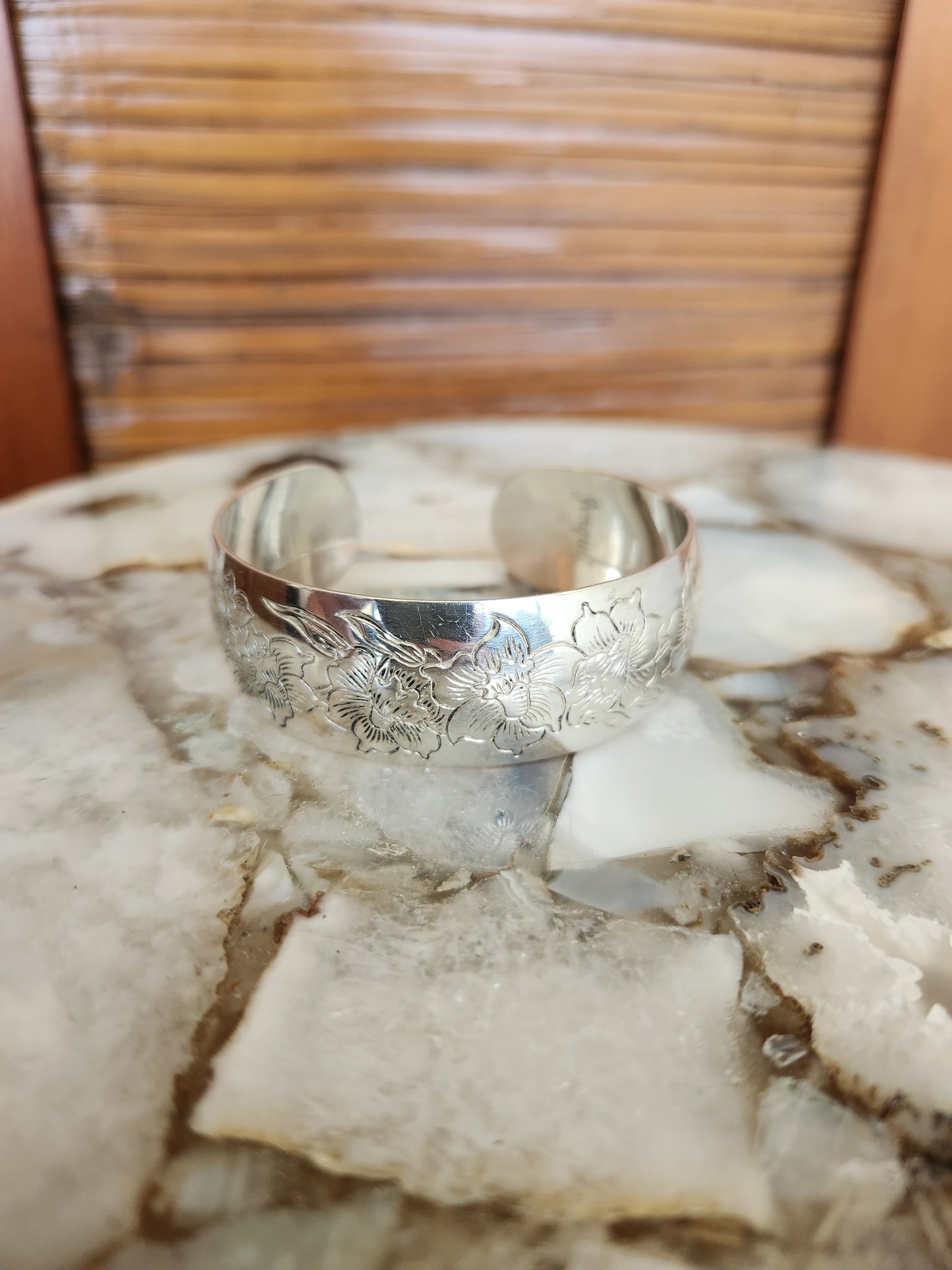 Vintage Sterling Silver "Daffodil" Etched Cuff Bangle Bracelet, Signed S. Kirk & Sons, Jonquil