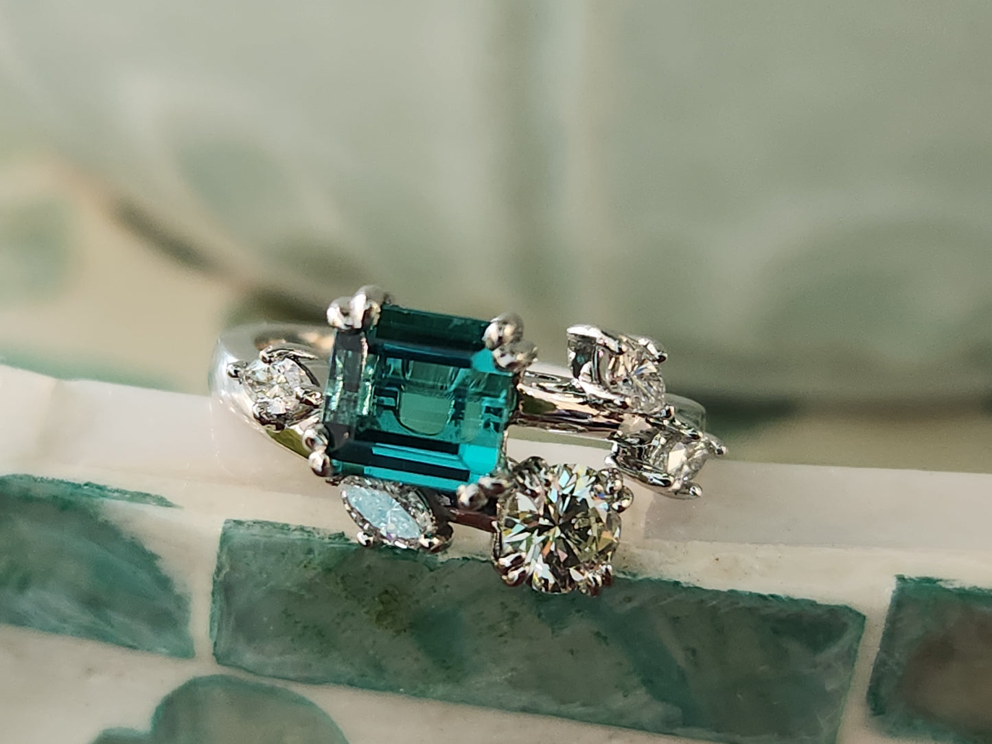 Platinum Indicolite Tourmaline & Diamond Floral Bypass Style Ring