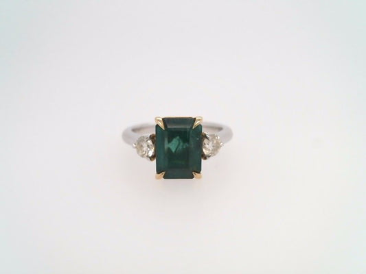 Platinum & 18 Karat Yellow Gold Emerald & Diamond 3 Stone Ring