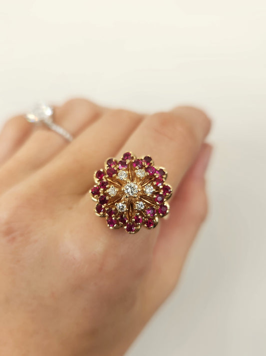 Vintage Ruby & Diamond Cluster Temple Style Ring