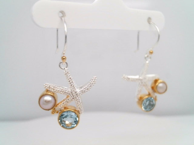 Sterling Silver And 22 Karat Gold Vermeil Starfish Earrings With 2 Sky Blue Topaz And 2 White Freshwater Pearls