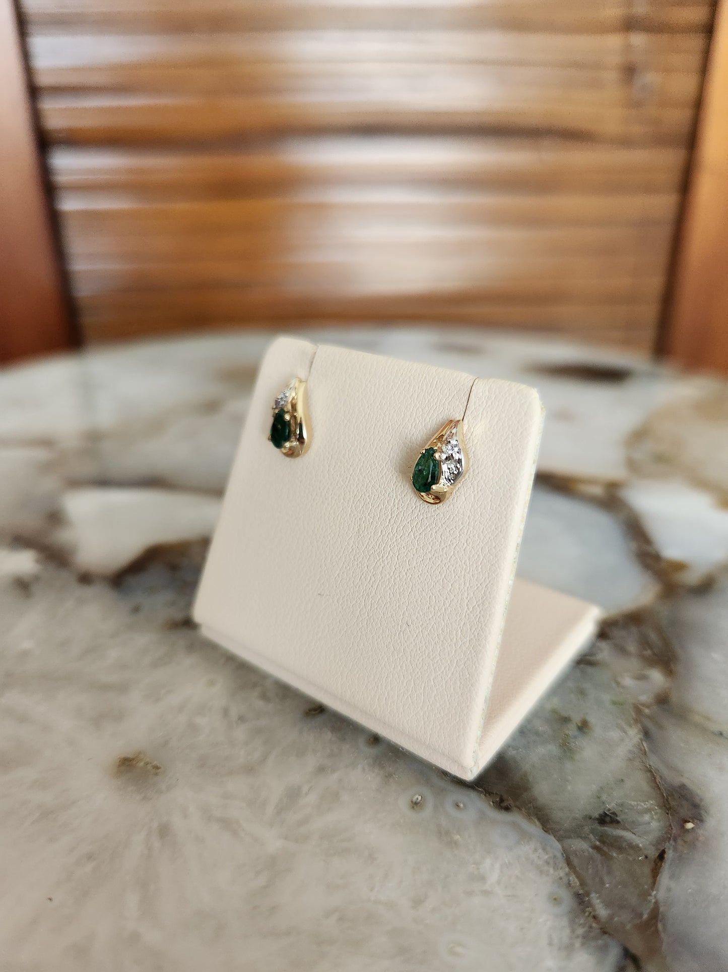 Vintage 10 Karat Yellow Gold Pear Shaped Emerald Earrings With Diamond Accents