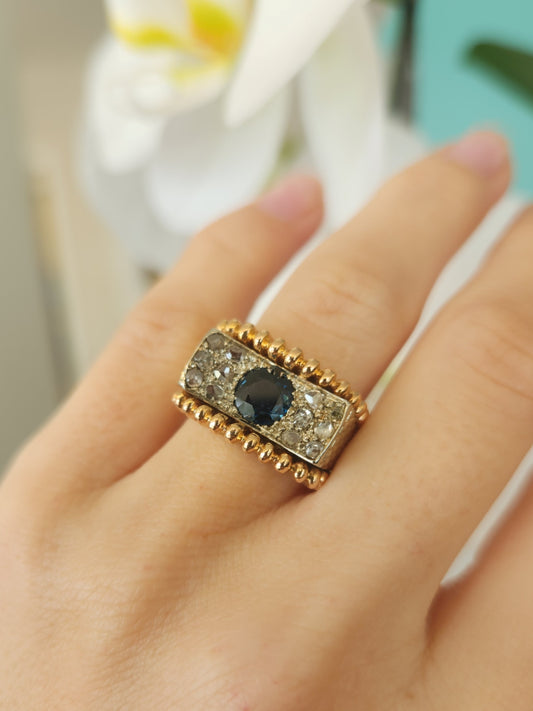 Vintage 14 Karat Yellow & White Gold Blue Sapphire & Rose Cut Diamond Ring