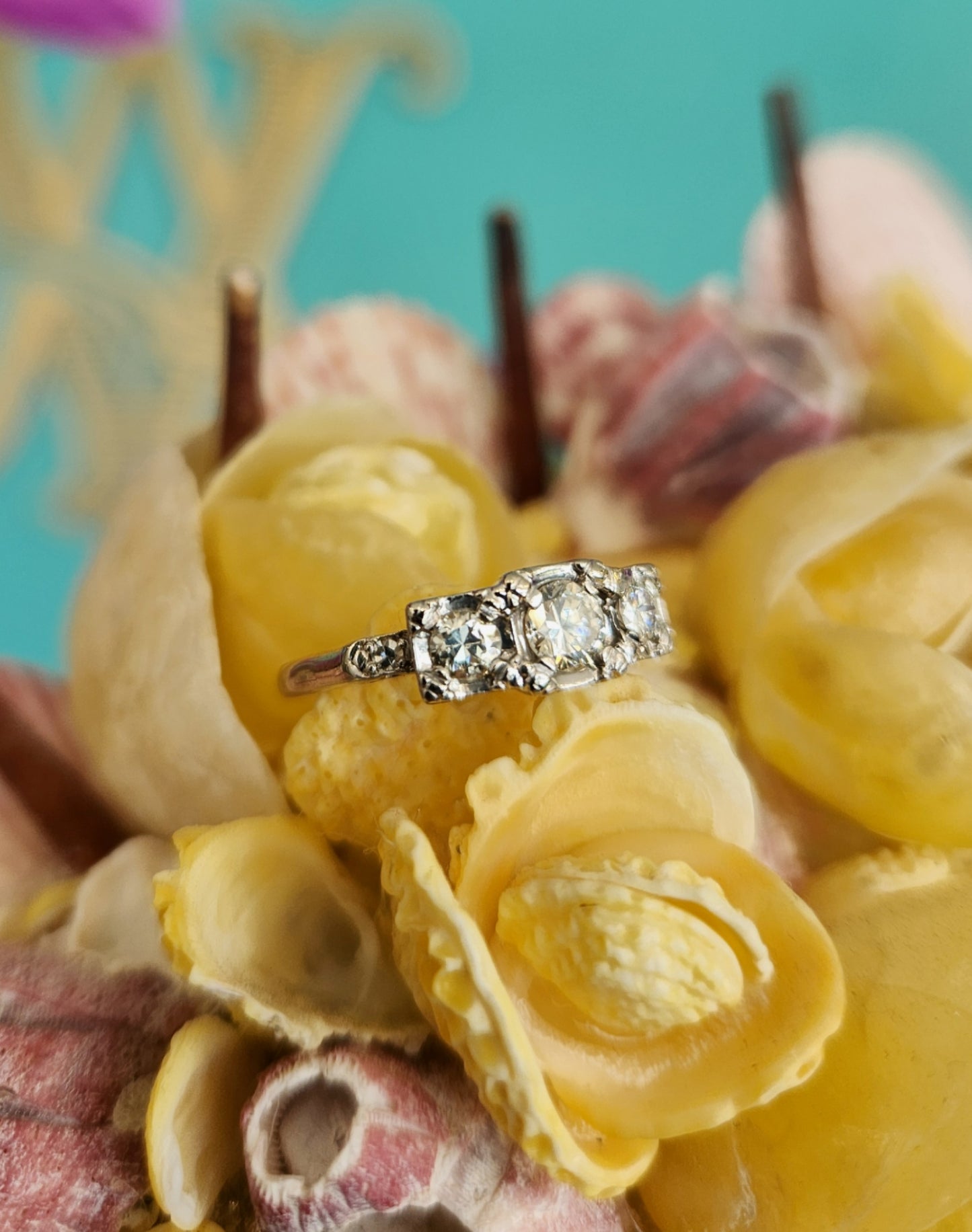 Vintage 14 Karat Yellow & White Gold Illusion Top 5 Stone Diamond Ring