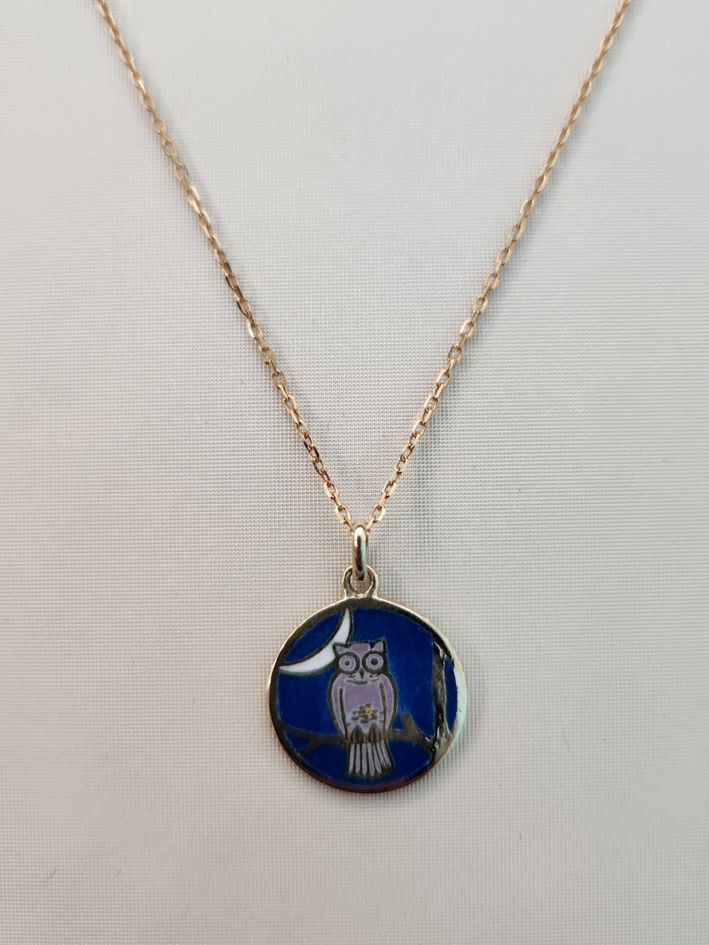Vintage 14 Karat Yellow Gold 14 Mm French Enamel Owl & Moon Disc Charm