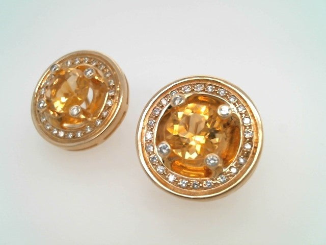 Vintage 14 Karat Yellow Gold Citrine & Diamond Halo Style Earrings With Omega Backs