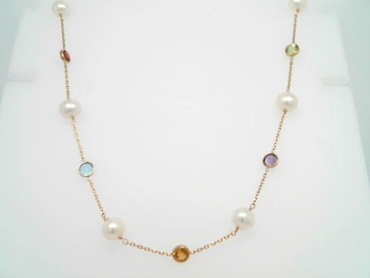 14 Karat Yellow Gold Bezel Set Multi Gemstone And Cultured White Freshwater Pearl "By The Yard" Style Necklace 18"