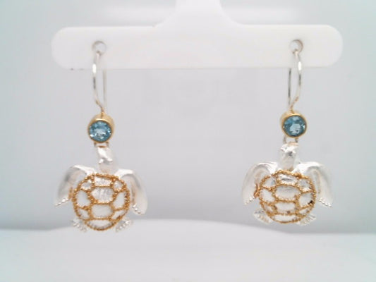 Sterling Silver And 22 Karat Gold Vermeil Drop/Dangle Sea Turtle Earrings With 2 Round Blue Topaz