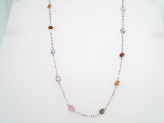 Sterling Silver Bezel Set Multi Gem "By The Yard" Style Necklace 18" With A Loop At 16" And 17" For Adjustable Length