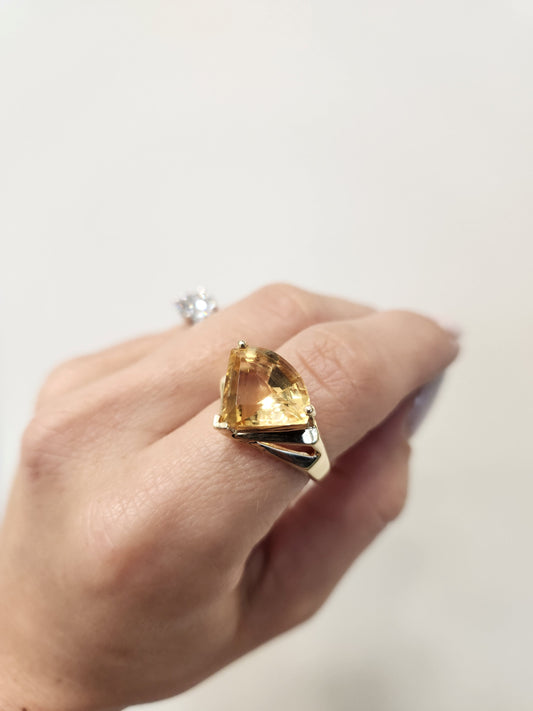 Vintage 14 Karat Yellow Gold Sheild Shaped Fantasy Cut Citrine Solitaire Ring