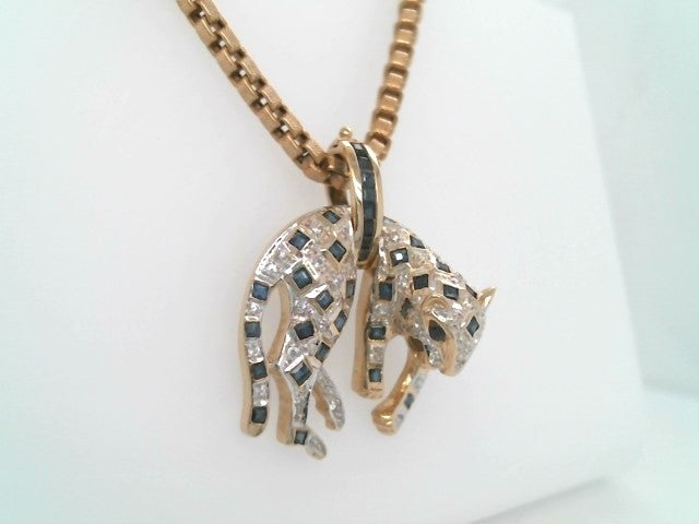 Vintage 14 Karat Yellow Gold Blue & White Sapphire Leopard Pendant With Opening Pearl Enhancer Bail