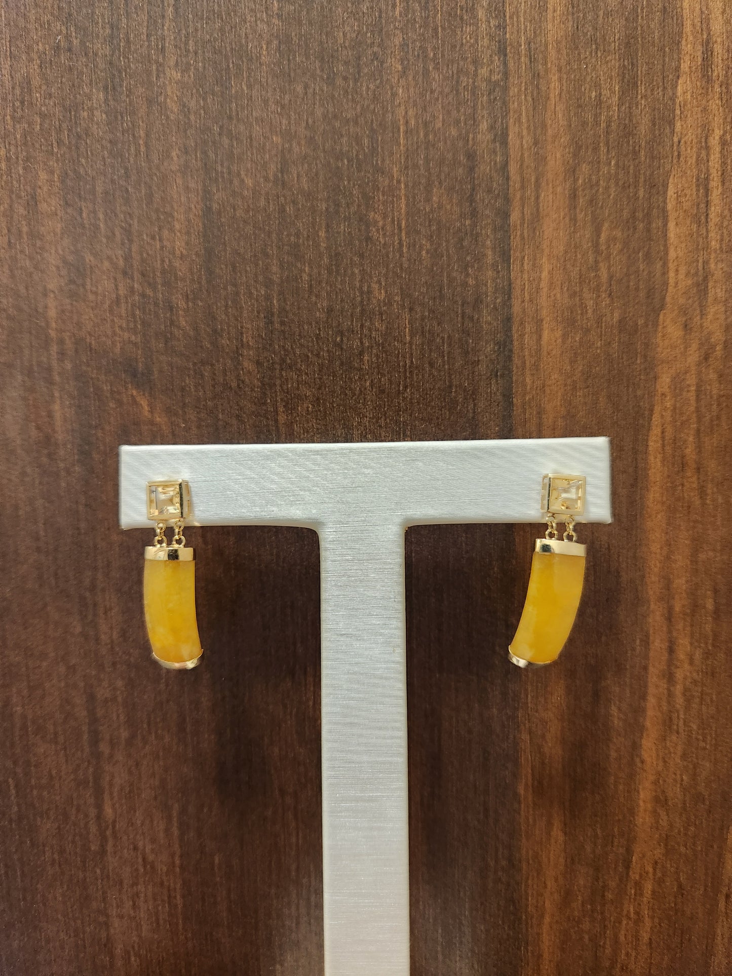 Vintage 14 Karat Yellow Gold Citrine & Yellow Jade Dangle Earrings