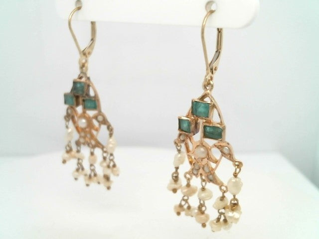 Vintage 14 Karat Yellow Gold Emerald & Pearl Chandelier Earrings With Leverbacks