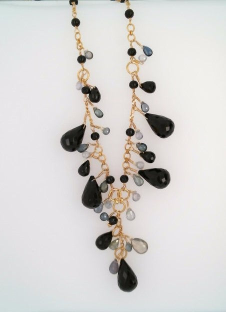 Vintage 18 Karat Yellow Gold Black Onyx, Sapphire & Blue Topaz Faceted Bead & Briolette Necklace 17"